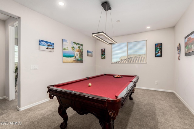 playroom with billiards, recessed lighting, carpet flooring, and baseboards