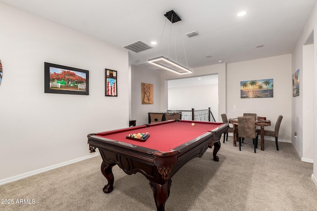 playroom featuring baseboards, recessed lighting, visible vents, and light colored carpet