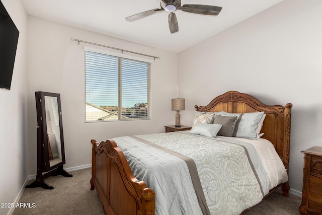 bedroom featuring carpet flooring, ceiling fan, and baseboards