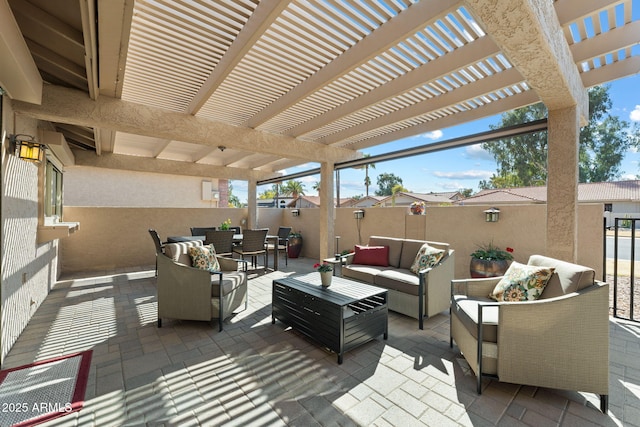 view of patio / terrace featuring outdoor lounge area and a pergola