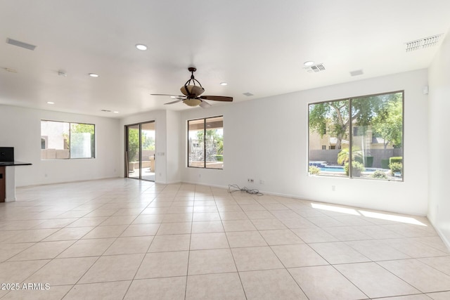 2302 S Canfield, Mesa, AZ 85209 - unfurnished living room with recessed lighting, light tile patterned floors, a ceiling fan, and baseboards