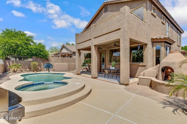 3624 N Paseo Del Sol, Mesa, AZ 85207 - view of swimming pool featuring a patio, a fenced backyard, a pool with connected hot tub, and ceiling fan