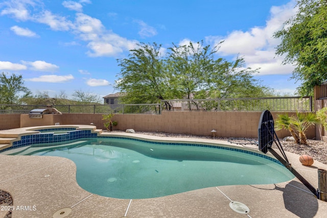3624 N Paseo Del Sol, Mesa, AZ 85207 - view of pool with a fenced backyard, a patio, a pool with connected hot tub, and exterior kitchen