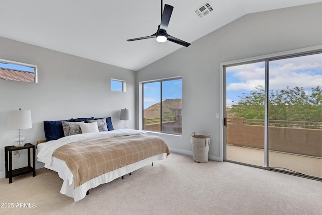3624 N Paseo Del Sol, Mesa, AZ 85207 - bedroom featuring access to exterior, lofted ceiling, carpet floors, baseboards, and ceiling fan