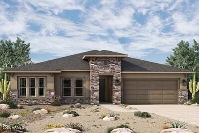 prairie-style home featuring stucco siding, stone siding, driveway, and an attached garage