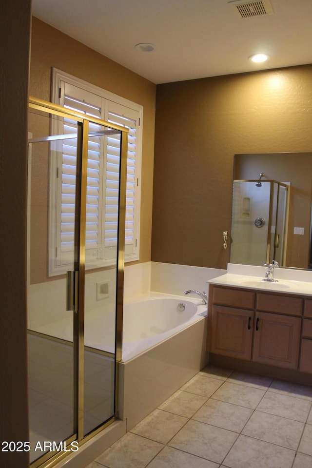 34464 N 68th Way, Scottsdale, AZ 85266 - full bath with vanity, a garden tub, a stall shower, tile patterned flooring, and recessed lighting