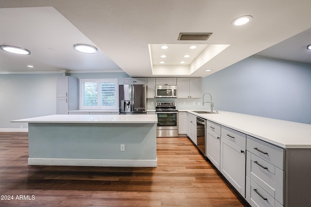 kitchen with gray cabinets, sink, stainless steel appliances, and light hardwood / wood-style flooring