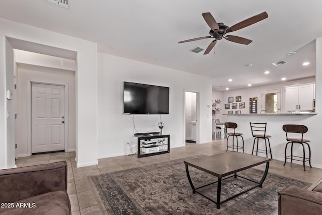 932 W Capulin Trl, San Tan Valley, AZ 85140 - living room with a ceiling fan, recessed lighting, light tile patterned flooring, and baseboards