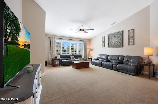 26647 N 43rd St N, Cave Creek, AZ 85331 - living area featuring carpet flooring, vaulted ceiling, and a ceiling fan