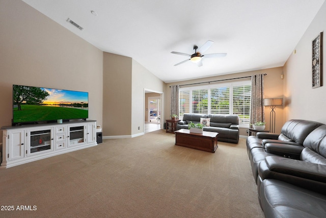 26647 N 43rd St N, Cave Creek, AZ 85331 - living room with a ceiling fan, light carpet, and vaulted ceiling