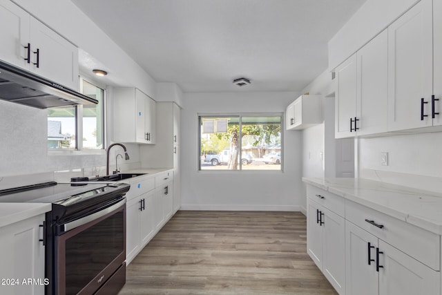 kitchen featuring white cabinets, plenty of natural light, electric stove, and sink