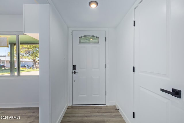 doorway to outside with wood-type flooring