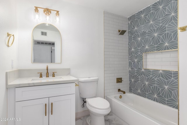 bathroom featuring visible vents, washtub / shower combination, toilet, marble finish floor, and vanity