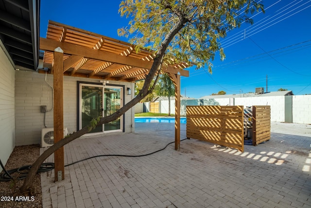 view of patio / terrace with a fenced in pool, a pergola, a fenced backyard, and ac unit