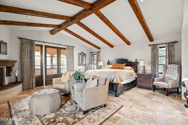 bedroom with french doors and vaulted ceiling with beams