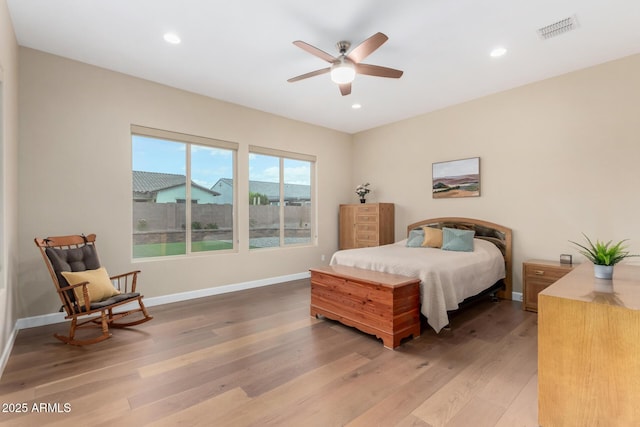 7630 E Knoll St, Mesa, AZ 85207 - bedroom with recessed lighting, a ceiling fan, visible vents, baseboards, and light wood finished floors