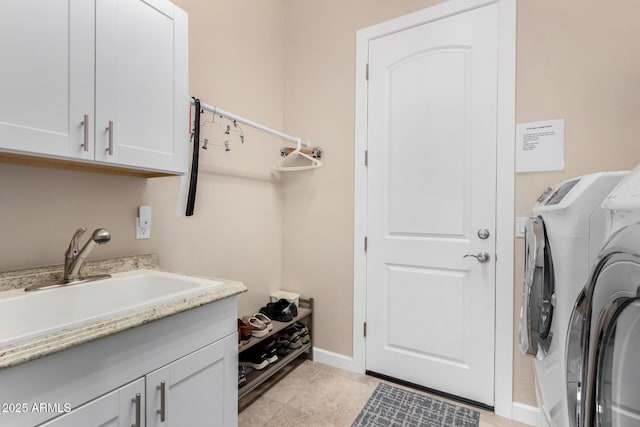 7630 E Knoll St, Mesa, AZ 85207 - laundry room with cabinet space, baseboards, independent washer and dryer, a sink, and light tile patterned flooring