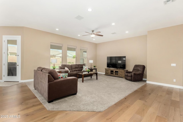 7630 E Knoll St, Mesa, AZ 85207 - living area with ceiling fan, light wood-style flooring, recessed lighting, visible vents, and baseboards