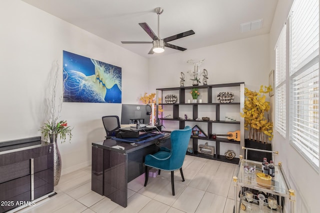 5218 N Tiller Dr, Litchfield Park, AZ 85340 - tiled home office featuring a ceiling fan and baseboards