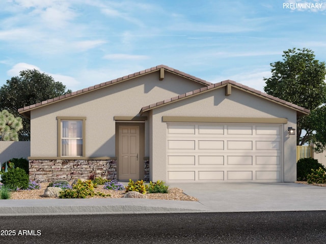 17310 W Eva St, Waddell, AZ 85355 - view of front facade featuring an attached garage, stucco siding, driveway, stone siding, and a tiled roof