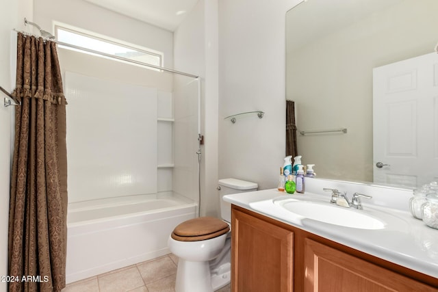 full bathroom with toilet, tile patterned flooring, shower / tub combo, and vanity