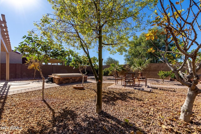 view of yard with a hot tub and a patio