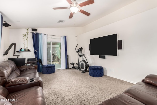 carpeted living room featuring lofted ceiling and ceiling fan