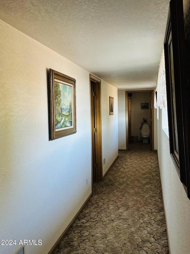 hall featuring carpet and a textured ceiling