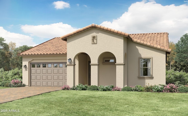 mediterranean / spanish-style home featuring a garage, a tile roof, a front yard, and stucco siding