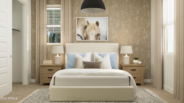bedroom with baseboards, carpet flooring, and wallpapered walls