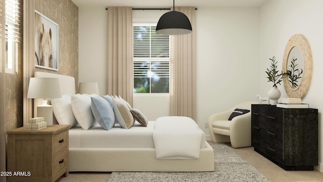 bedroom with light carpet