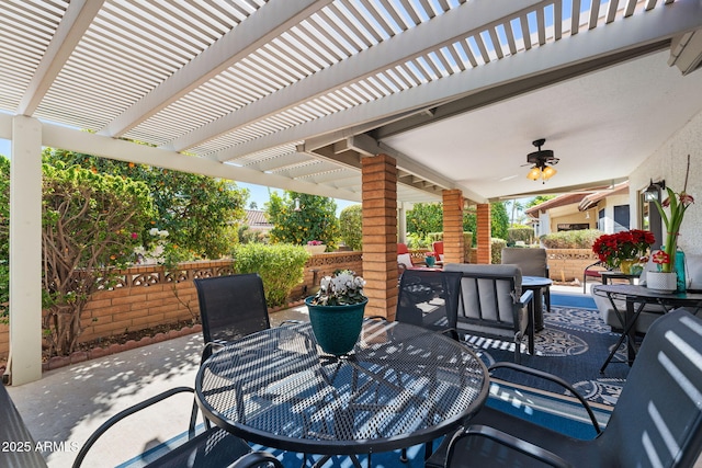 view of patio with a wall mounted AC, ceiling fan, and a pergola