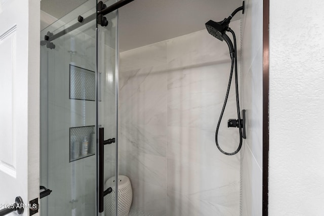 bathroom featuring a shower with shower door