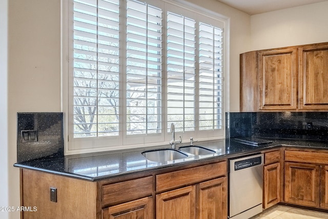 kitchen featuring dark stone countertops, sink, backsplash, and dishwasher