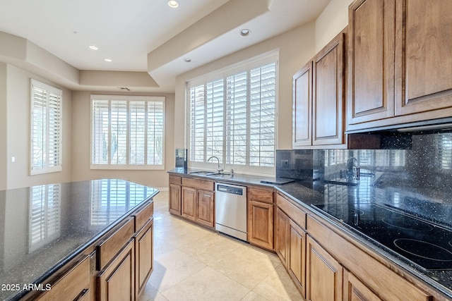 kitchen featuring light tile patterned flooring, sink, stainless steel dishwasher, black electric stovetop, and backsplash