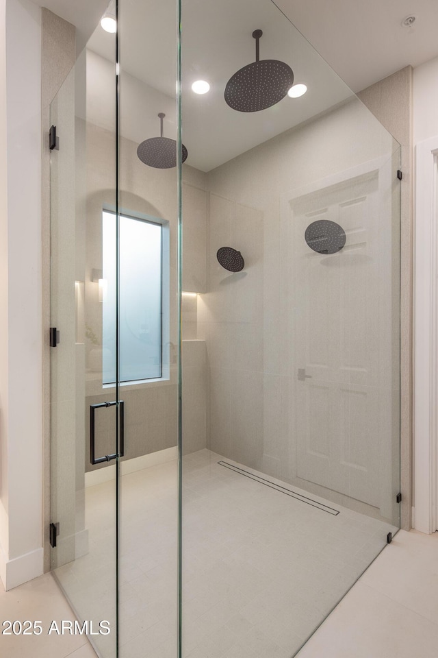 13631 E Windrose Dr, Scottsdale, AZ 85259 - full bath with a stall shower, tile patterned floors, and recessed lighting