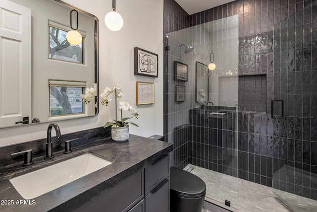 13631 E Windrose Dr, Scottsdale, AZ 85259 - bathroom with a stall shower, vanity, and toilet