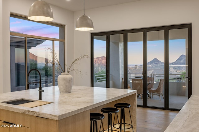 13631 E Windrose Dr, Scottsdale, AZ 85259 - kitchen with a sink, light stone counters, light wood-style floors, and a mountain view