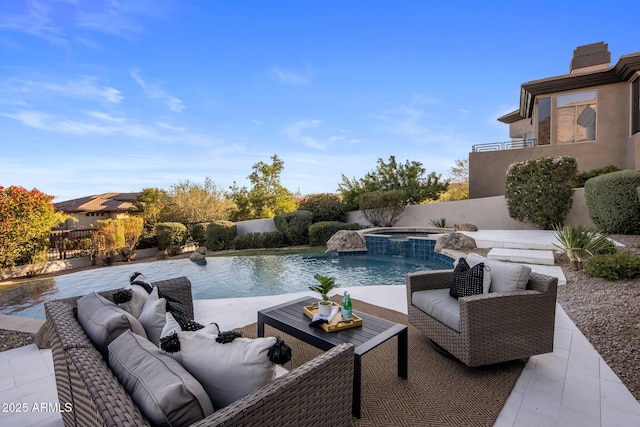 13631 E Windrose Dr, Scottsdale, AZ 85259 - view of swimming pool with an outdoor hangout area, a fenced backyard, a patio, and a pool with connected hot tub