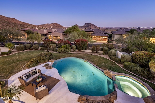 13631 E Windrose Dr, Scottsdale, AZ 85259 - view of pool featuring a pool with connected hot tub, a mountain view, a yard, and a residential view