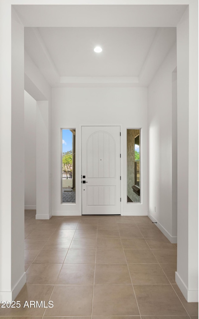 27908 N 38th Dr, Phoenix, AZ 85083 - entrance foyer featuring baseboards, light tile patterned flooring, a tray ceiling, and recessed lighting