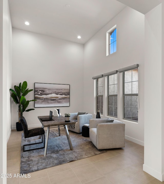 27908 N 38th Dr, Phoenix, AZ 85083 - living area with recessed lighting, tile patterned floors, baseboards, and a towering ceiling