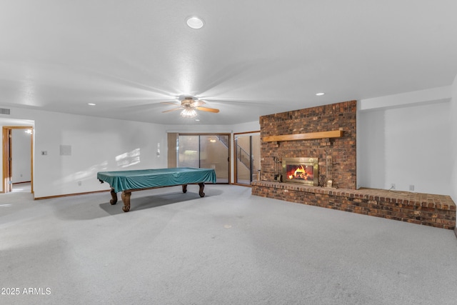 8604 S Oak St, Tempe, AZ 85284 - rec room featuring carpet floors, billiards, a ceiling fan, a brick fireplace, and recessed lighting