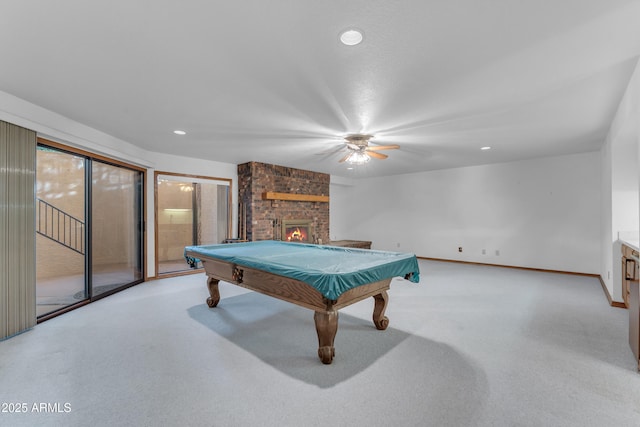 8604 S Oak St, Tempe, AZ 85284 - rec room with ceiling fan, carpet, a brick fireplace, billiards, and recessed lighting