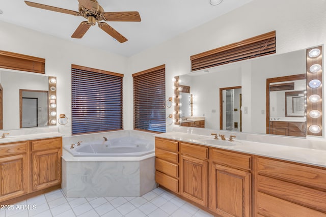 8604 S Oak St, Tempe, AZ 85284 - full bath with tile patterned floors, two vanities, a bath, and ceiling fan