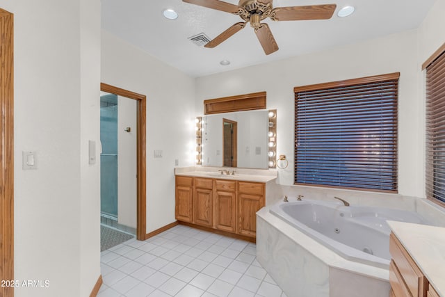 8604 S Oak St, Tempe, AZ 85284 - full bath with vanity, tile patterned floors, a jetted tub, ceiling fan, and recessed lighting