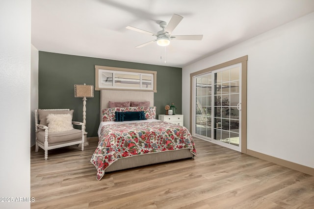 bedroom featuring light hardwood / wood-style floors and ceiling fan