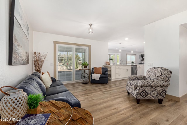 living room featuring light hardwood / wood-style floors, plenty of natural light, and sink