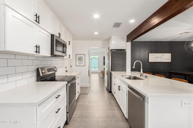 3038 E Avalon Dr, Phoenix, AZ 85016 - kitchen with stainless steel appliances, a sink, tasteful backsplash, recessed lighting, and white cabinets