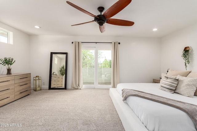 3038 E Avalon Dr, Phoenix, AZ 85016 - bedroom with access to exterior, light carpet, recessed lighting, and a ceiling fan